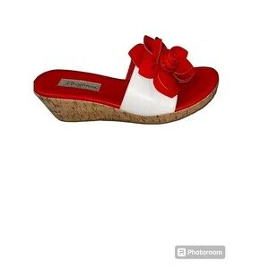 Brighton Helena Red Leather White Flower Cork Wedge Slides Sandals‎ 7.5
